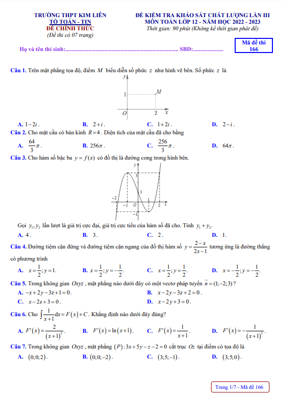 Đề khảo sát lớp 12 môn Toán lần 3 năm 2022 2023 trường THPT Kim Liên Hà Nội