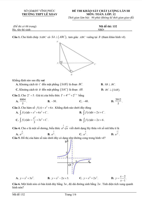 Đề khảo sát lớp 12 môn Toán lần 3 năm 2022 2023 trường THPT Lê Xoay Vĩnh Phúc