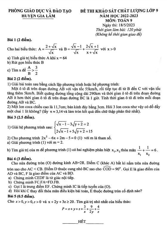 Đề khảo sát lớp 9 môn Toán năm 2022 2023 phòng GD ĐT Gia Lâm Hà Nội