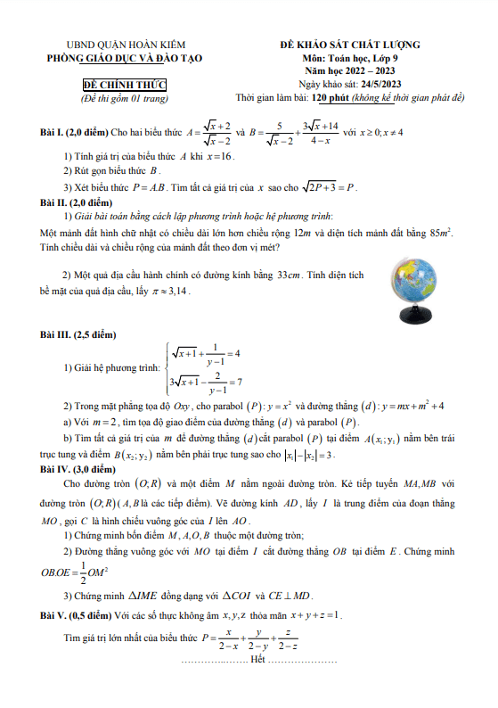 Đề khảo sát lớp 9 môn Toán năm 2022 2023 phòng GD ĐT Hoàn Kiếm Hà Nội
