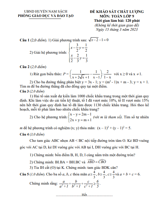 Đề khảo sát lớp 9 môn Toán năm 2022 2023 phòng GD ĐT Nam Sách Hải Dương