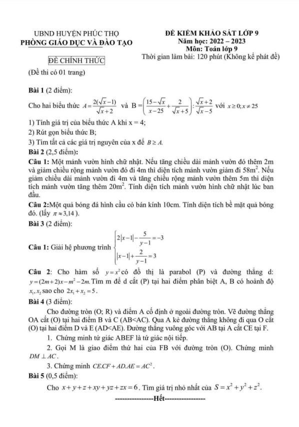 Đề khảo sát lớp 9 môn Toán năm 2022 2023 phòng GD ĐT Phúc Thọ Hà Nội