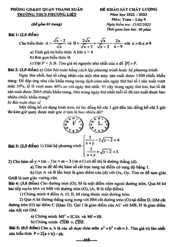Đề khảo sát lớp 9 môn Toán năm 2022 2023 trường THCS Phương Liệt Hà Nội