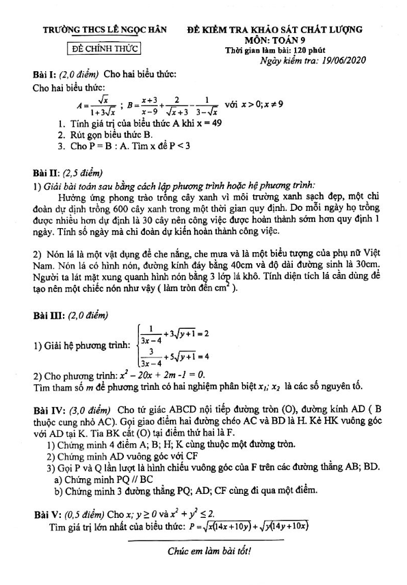 Đề khảo sát lớp 9 môn Toán năm học 2019 2020 trường THCS Lê Ngọc Hân Hà Nội