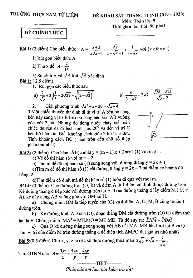 Đề khảo sát tháng 11 lớp 9 môn Toán năm 2019 2020 trường Nam Từ Liêm Hà Nội