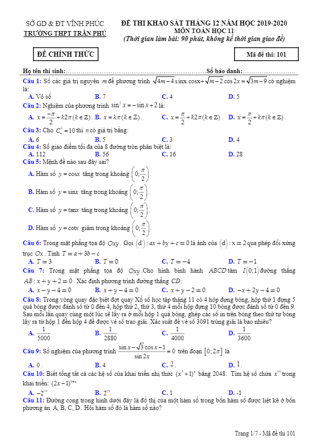 Đề khảo sát tháng 12/2019 lớp 11 môn Toán trường THPT Trần Phú Vĩnh Phúc