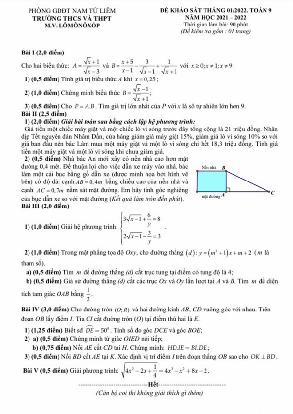 Đề khảo sát Toán 9 tháng 01 năm 2022 trường M.V. Lômônôxốp Hà Nội