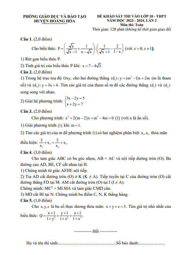 Đề khảo sát Toán vào 10 lần 2 năm 2023 2024 phòng GD ĐT Hoằng Hóa Thanh Hóa