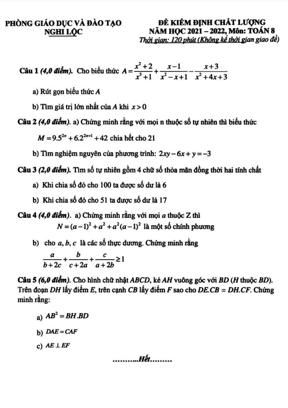 Đề kiểm định chất lượng lớp 8 môn Toán năm 2021 2022 phòng GD ĐT Nghi Lộc Nghệ An