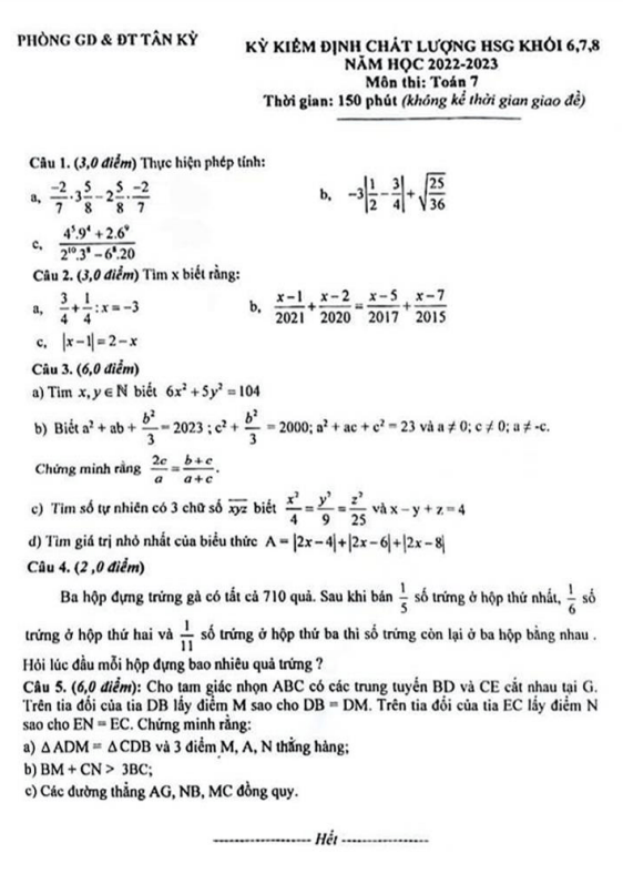 Đề kiểm định HSG lớp 7 môn Toán năm 2022 2023 phòng GD ĐT Tân Kỳ Nghệ An