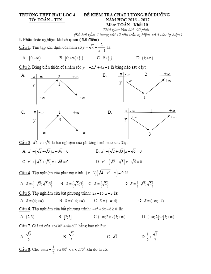 Đề kiểm tra chất lượng bồi dưỡng lớp 10 môn Toán năm học 2016 2017 trường THPT Hậu Lộc 4 Thanh Hóa