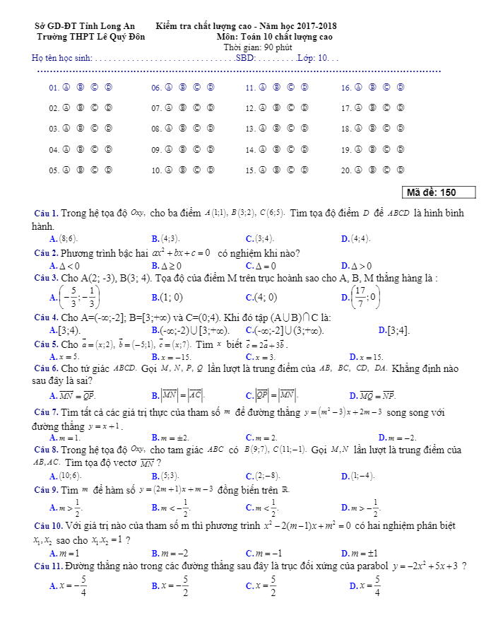 Đề kiểm tra chất lượng cao lớp 10 môn Toán năm học 2017 2018 trường THPT Lê Quý Đôn Long An