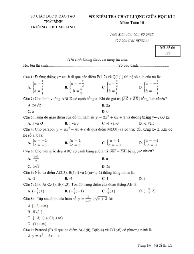 Đề kiểm tra chất lượng giữa học kì 1 (HK1) lớp 10 môn Toán trường THPT Mê Linh Thái Bình
