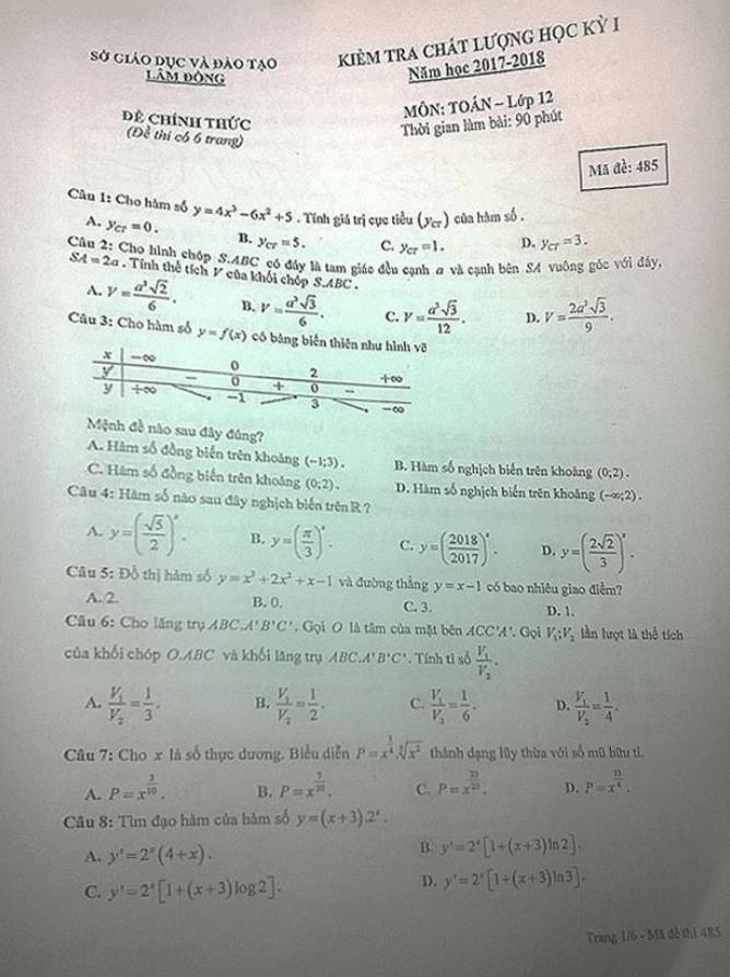 Đề kiểm tra chất lượng học kì 1 (HK1) lớp 12 môn Toán năm học 2017 2018 sở GD và ĐT Lâm Đồng