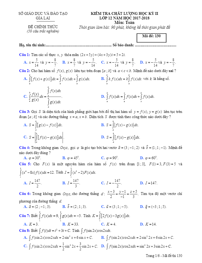 Đề kiểm tra chất lượng học kì 2 (HK2) lớp 12 môn Toán năm 2017 2018 sở GD và ĐT Gia Lai