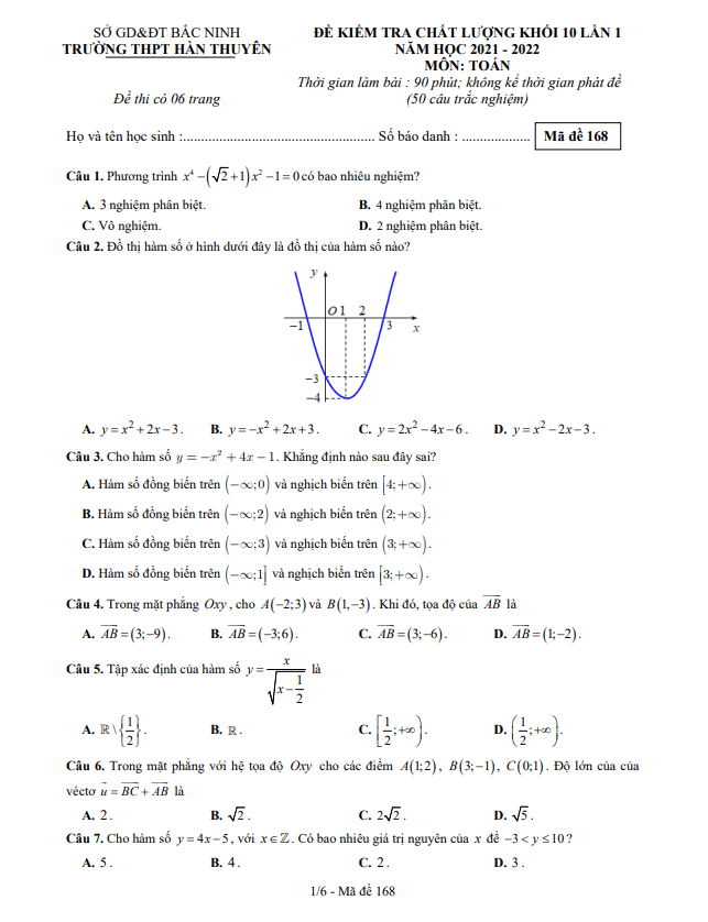Đề kiểm tra chất lượng lớp 10 môn Toán lần 1 năm 2021 2022 trường Hàn Thuyên Bắc Ninh