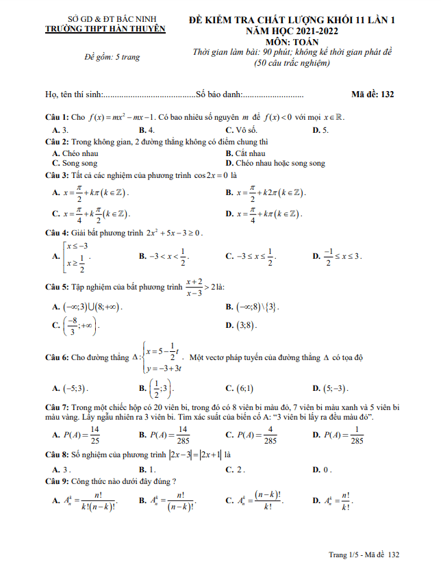 Đề kiểm tra chất lượng lớp 11 môn Toán lần 1 năm 2021 2022 trường Hàn Thuyên Bắc Ninh