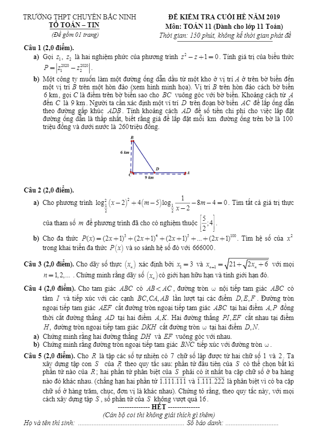 Đề kiểm tra cuối hè năm 2019 lớp 11 môn Toán trường THPT chuyên Bắc Ninh