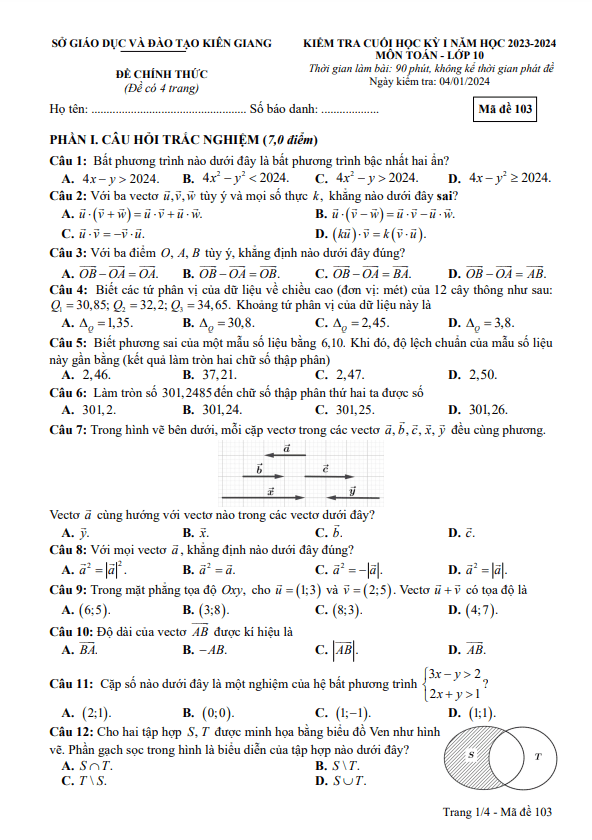 Đề kiểm tra cuối học kì 1 (HK1) lớp 10 môn Toán năm 2023 2024 sở GD ĐT Kiên Giang