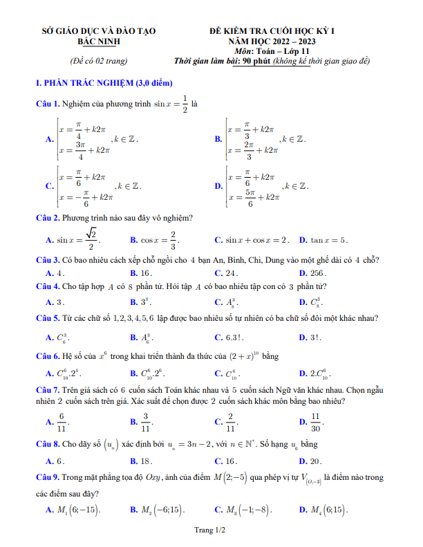 Đề kiểm tra cuối học kì 1 (HK1) lớp 11 môn Toán năm 2022 2023 sở GD ĐT Bắc Ninh