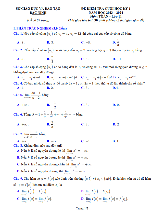 Đề kiểm tra cuối học kì 1 (HK1) lớp 11 môn Toán năm 2023 2024 sở GD ĐT Bắc Ninh