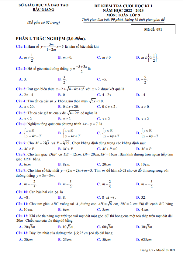 Đề kiểm tra cuối học kì 1 (HK1) lớp 9 môn Toán năm 2022 2023 sở GD ĐT Bắc Giang