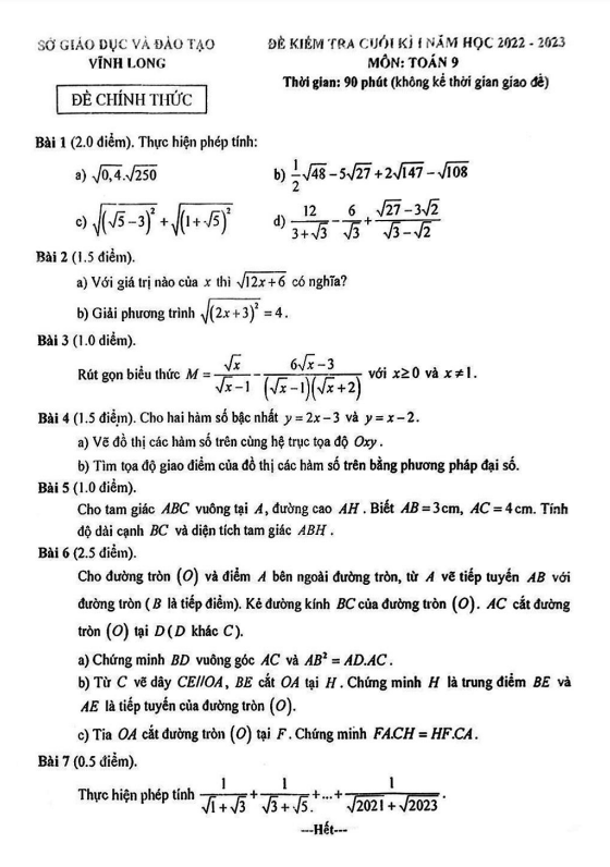 Đề kiểm tra cuối học kì 1 (HK1) lớp 9 môn Toán năm 2022 2023 sở GD ĐT Vĩnh Long