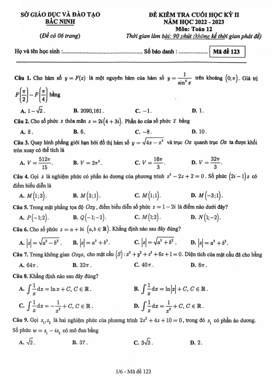Đề kiểm tra cuối học kì 2 (HK2) lớp 12 môn Toán năm 2022 2023 sở GD ĐT Bắc Ninh