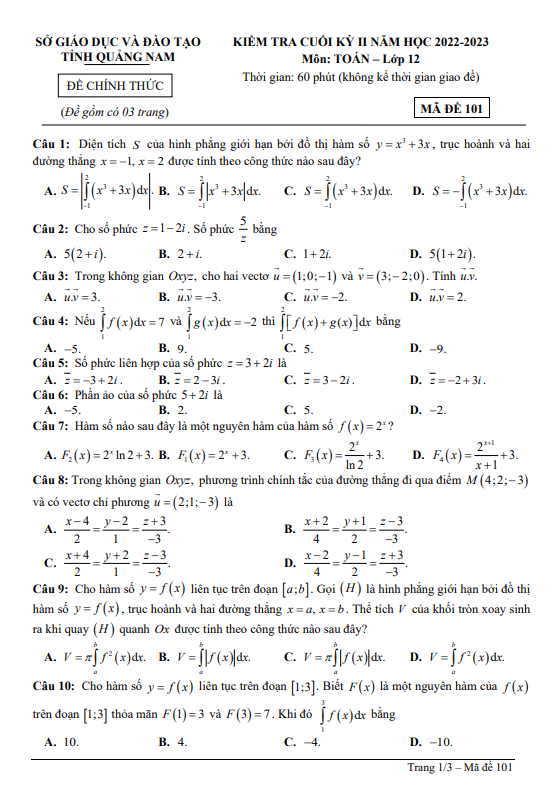 Đề kiểm tra cuối học kì 2 (HK2) lớp 12 môn Toán năm 2022 2023 sở GD ĐT Quảng Nam