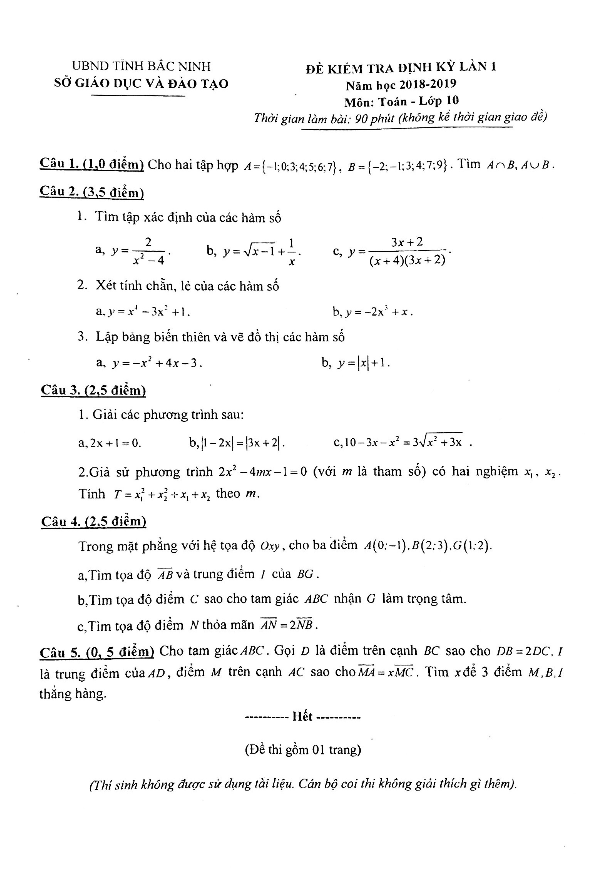 Đề kiểm tra định kỳ lớp 10 môn Toán lần 1 năm 2018 2019 sở GD và ĐT Bắc Ninh