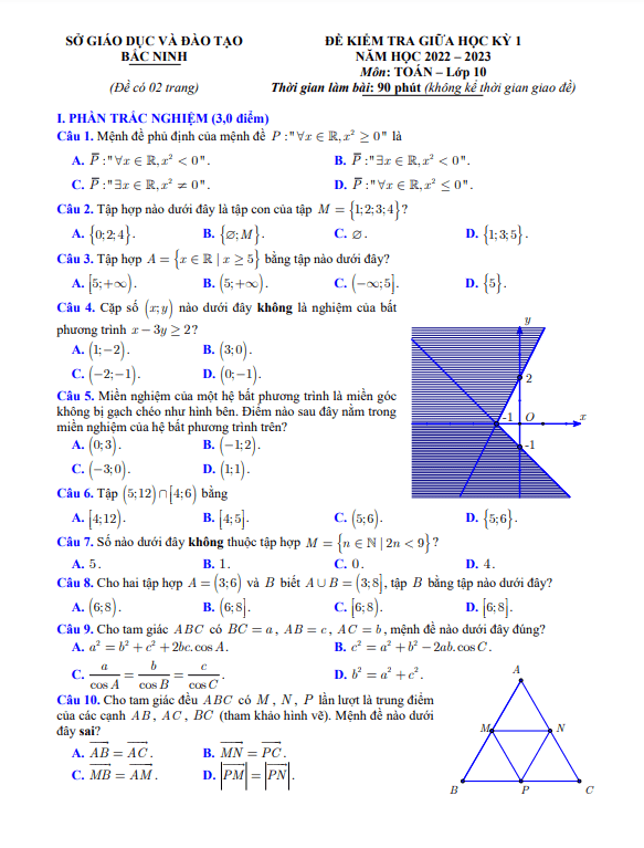 Đề kiểm tra giữa học kì 1 (HK1) lớp 10 môn Toán năm 2022 2023 sở GD ĐT Bắc Ninh
