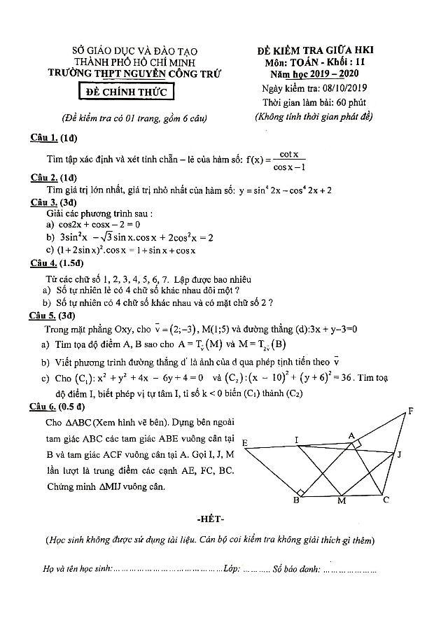 Đề kiểm tra giữa học kì 1 (HK1) lớp 11 môn Toán năm 2019 2020 trường Nguyễn Công Trứ TP HCM