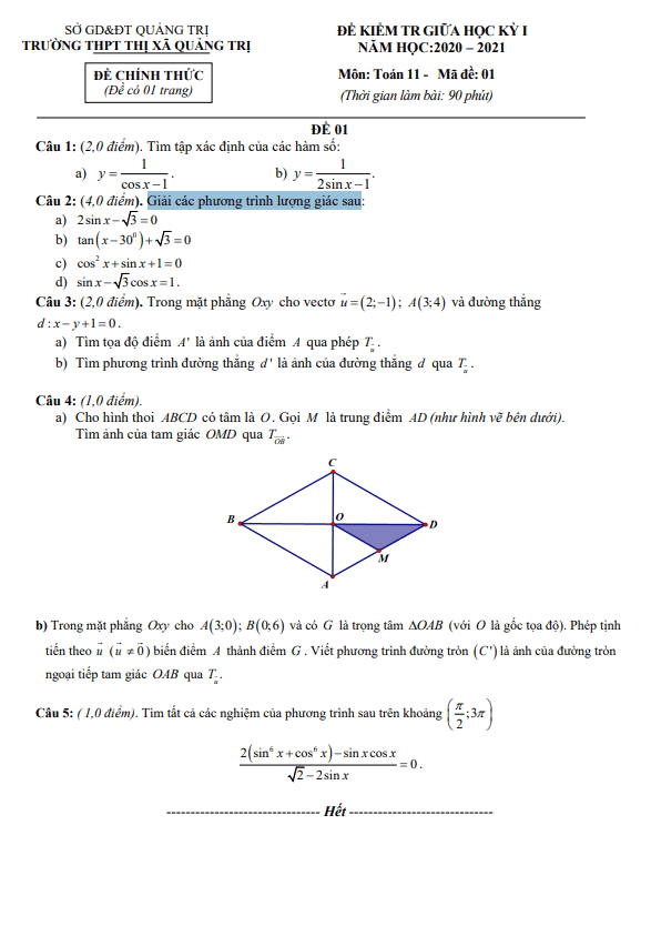 Đề kiểm tra giữa học kì 1 (HK1) lớp 11 môn Toán năm 2020 2021 trường THPT thị xã Quảng Trị