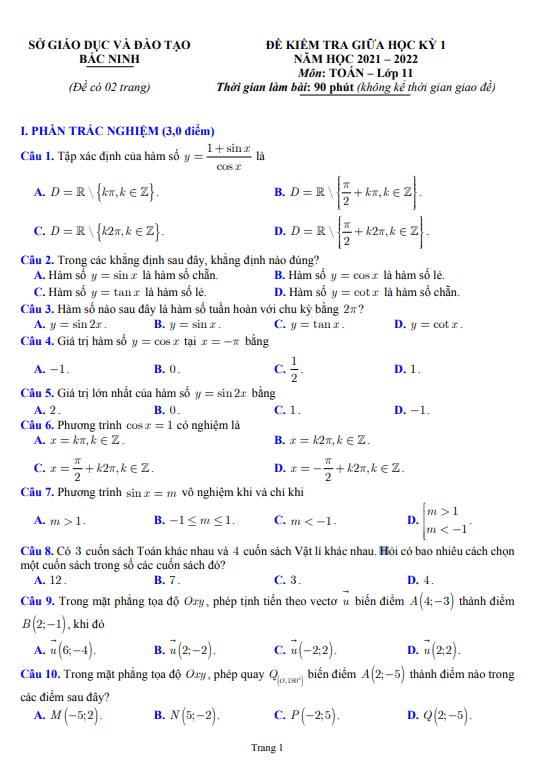 Đề kiểm tra giữa học kì 1 (HK1) lớp 11 môn Toán năm 2021 2022 sở GD ĐT Bắc Ninh