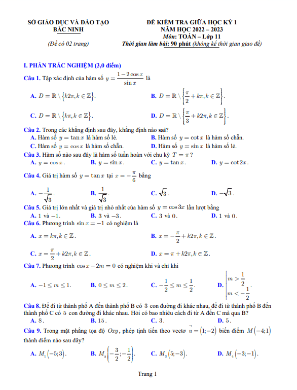 Đề kiểm tra giữa học kì 1 (HK1) lớp 11 môn Toán năm 2022 2023 sở GD ĐT Bắc Ninh