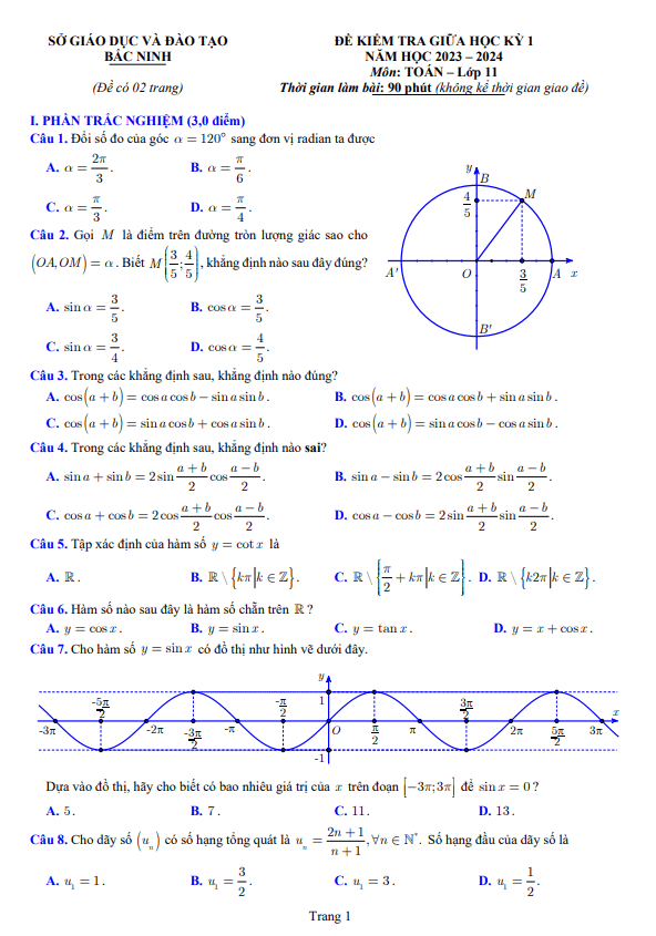 Đề kiểm tra giữa học kì 1 (HK1) lớp 11 môn Toán năm 2023 2024 sở GD ĐT Bắc Ninh