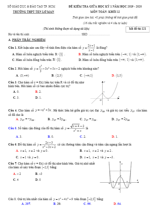 Đề kiểm tra giữa học kì 1 (HK1) lớp 12 môn Toán năm 2019 2020 trường Ten Lơ Man TP HCM