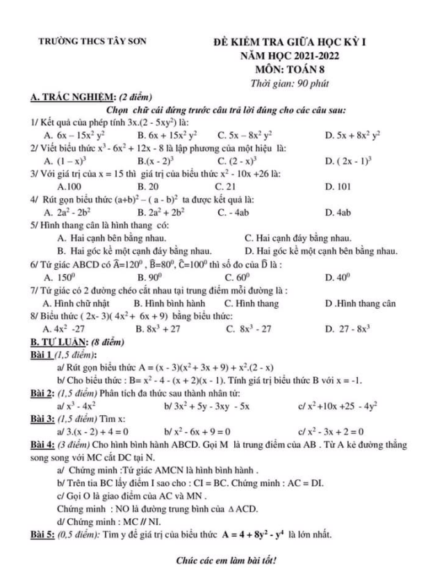 Đề kiểm tra giữa học kì 1 (HK1) lớp 8 môn Toán năm 2021 2022 trường THCS Tây Sơn Hà Nội