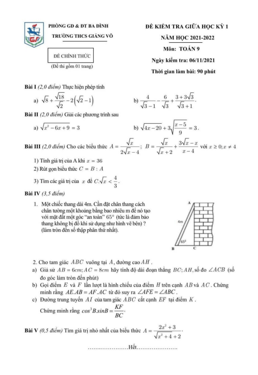 Đề kiểm tra giữa học kì 1 (HK1) lớp 9 môn Toán năm 2021 2022 trường THCS Giảng Võ Hà Nội