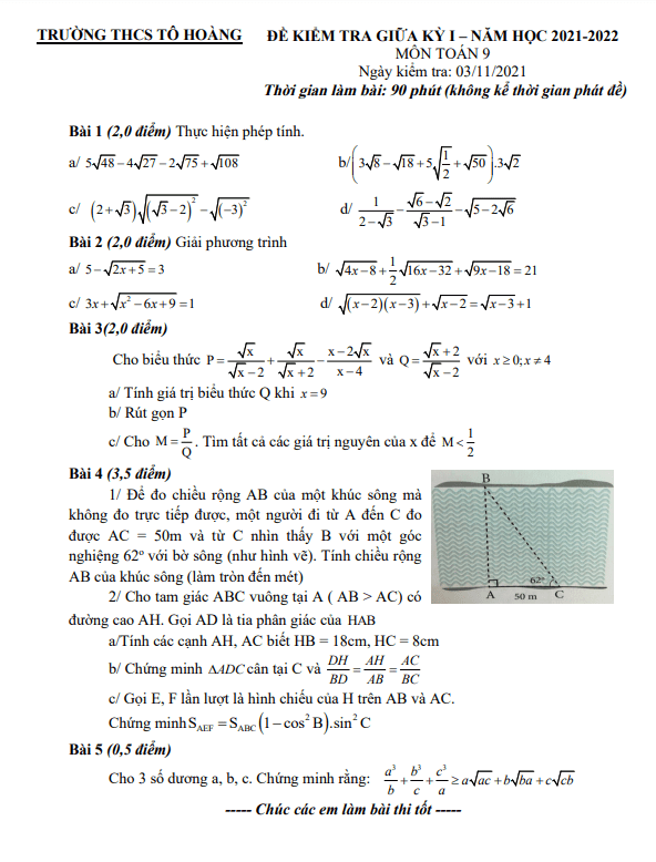 Đề kiểm tra giữa học kì 1 (HK1) lớp 9 môn Toán năm 2021 2022 trường THCS Tô Hoàng Hà Nội