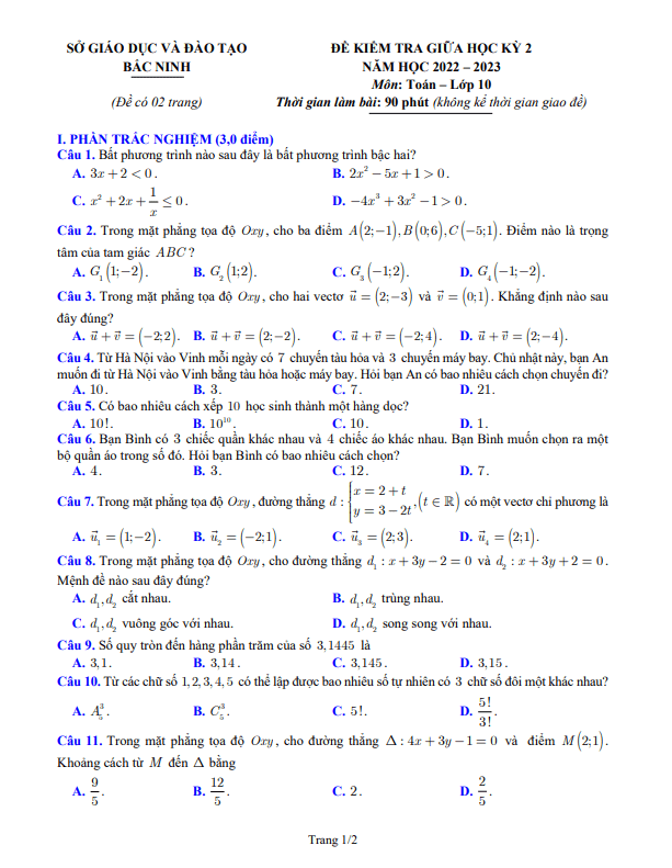 Đề kiểm tra giữa học kì 2 (HK2) lớp 10 môn Toán năm 2022 2023 sở GD ĐT Bắc Ninh