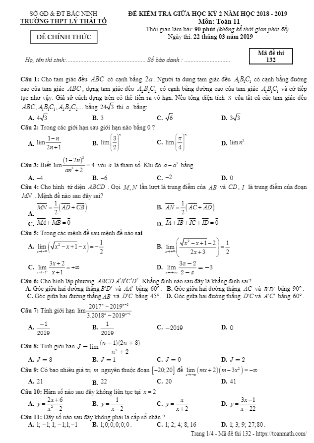 Đề kiểm tra giữa học kì 2 (HK2) lớp 11 môn Toán năm 2018 2019 trường Lý Thái Tổ Bắc Ninh
