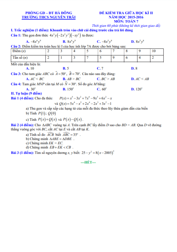 Đề kiểm tra giữa học kì 2 (HK2) lớp 7 môn Toán năm 2015 2016 trường THCS Nguyễn Trãi Hà Nội