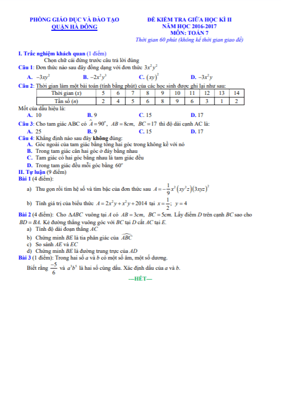Đề kiểm tra giữa học kì 2 (HK2) lớp 7 môn Toán năm 2016 2017 phòng GD ĐT Hà Đông Hà Nội