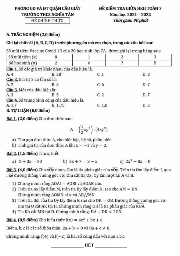 Đề kiểm tra giữa học kì 2 (HK2) lớp 7 môn Toán năm 2021 2022 trường THCS Nghĩa Tân Hà Nội