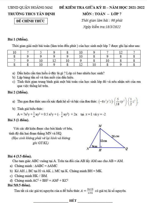 Đề kiểm tra giữa học kì 2 (HK2) lớp 7 môn Toán năm 2021 2022 trường THCS Tân Định Hà Nội