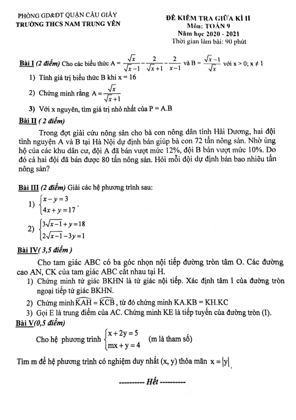 Đề kiểm tra giữa học kì 2 (HK2) lớp 9 môn Toán năm 2020 2021 trường Nam Trung Yên Hà Nội
