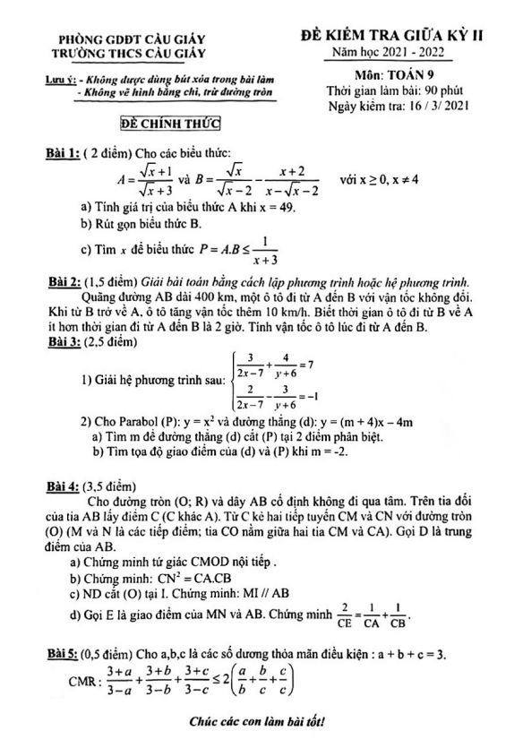 Đề kiểm tra giữa học kì 2 (HK2) lớp 9 môn Toán năm 2021 2022 trường THCS Cầu Giấy Hà Nội