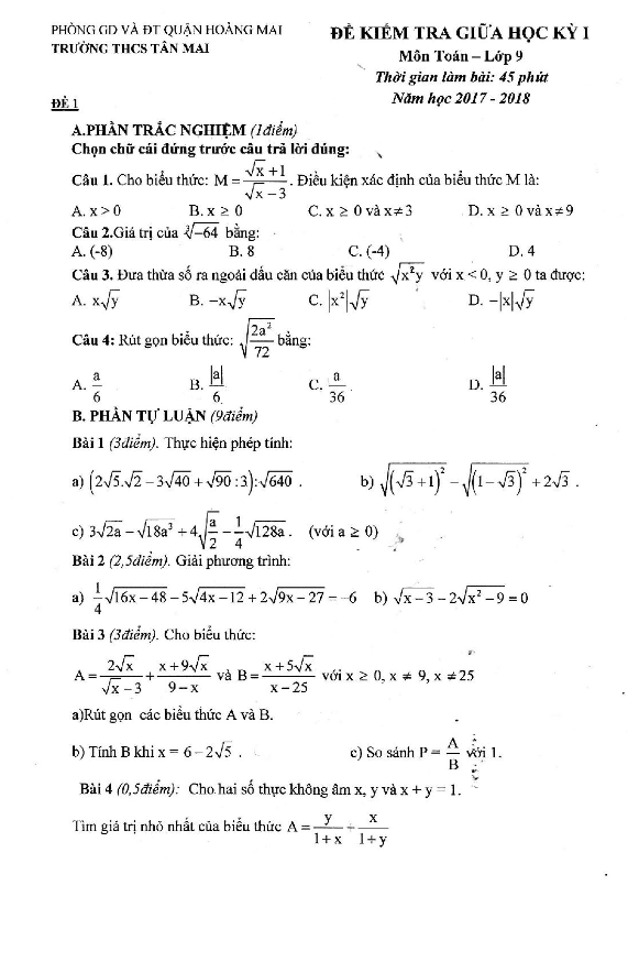Đề kiểm tra giữa học kỳ I lớp 9 môn Toán năm học 2017 2018 trường THCS Tân Mai Hà Nội