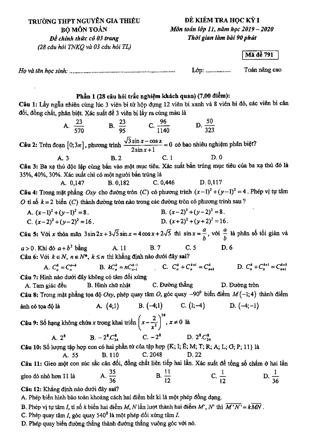 Đề kiểm tra HKI lớp 11 môn Toán năm 2019 2020 trường Nguyễn Gia Thiều Hà Nội